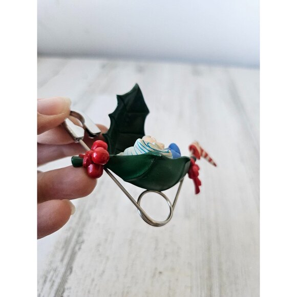 Enesco 1988 pin-up Santa safety pin poinsettia ornament vintage Xmas tree - Picture 8 of 9